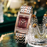 Fashion Rhinestone Rectangle Stainless Steel Band Quartz Wrist Watch