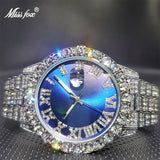 Luxury Brand 18k Gold Royal Blue Dial Super Bling Bling Diamond Business Calendar Quartz Watch