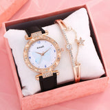 Butterfly Dial Bracelet Watch Set Leather Band Quartz Wristwatch