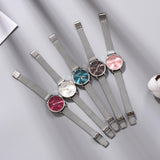 Luxury Silver Popular Pink Dial Flowers Metal Ladies Bracelet Quartz Clock