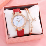 Butterfly Dial Bracelet Watch Set Leather Band Quartz Wristwatch