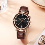 Fashion Dames Horloges Black Leather Rose Gold Case Japan Quartz