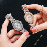 1pc Rhinestone Decor Quartz Watch Oval Pointer Flower Pattern Dial Wristwatch