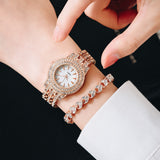 2 PCS Gold Luxury Rhinestone Quartz Bracelet Watch