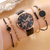 5pcs Women's Fashion Round Pointer Butterfly Quartz & Bracelet Watch Set