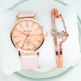 Fashion Leather Flower Dial Rose Gold Dial Ladies Quartz Clock Wristwatch Gift With Bracelet