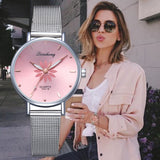 高級シルバー人気のピンクダイヤル花メタルレディースブレスレットクォーツ時計
