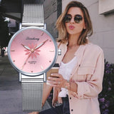 Luxury Silver Popular Pink Dial Flowers Metal Ladies Bracelet Quartz Clock