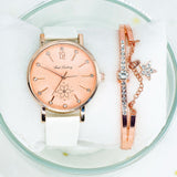 Fashion Leather Flower Dial Rose Gold Dial Ladies Quartz Clock Wristwatch Gift With Bracelet