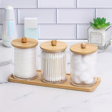 3-Piece Wooden Qtip Jar Set with Tray & Lids - Perfect for Bathroom Storage & Organization