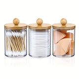 Cosmetic Organizer For Qtip Holder Dispenser Cotton Balls Cotton Swabs Clear Plastic Storage Box Makeup Organizer With Bamboo Lid Cotton Swab Holder Container Dispenser