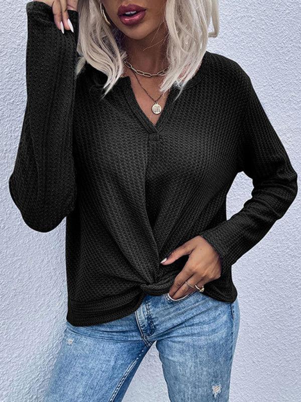 women's waffle kink thin solid color bottoming knitted sweater - Kevous
