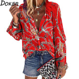 V-Neck Long Sleeve Print Blouse - Kevous