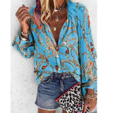 V-Neck Long Sleeve Print Blouse - Kevous