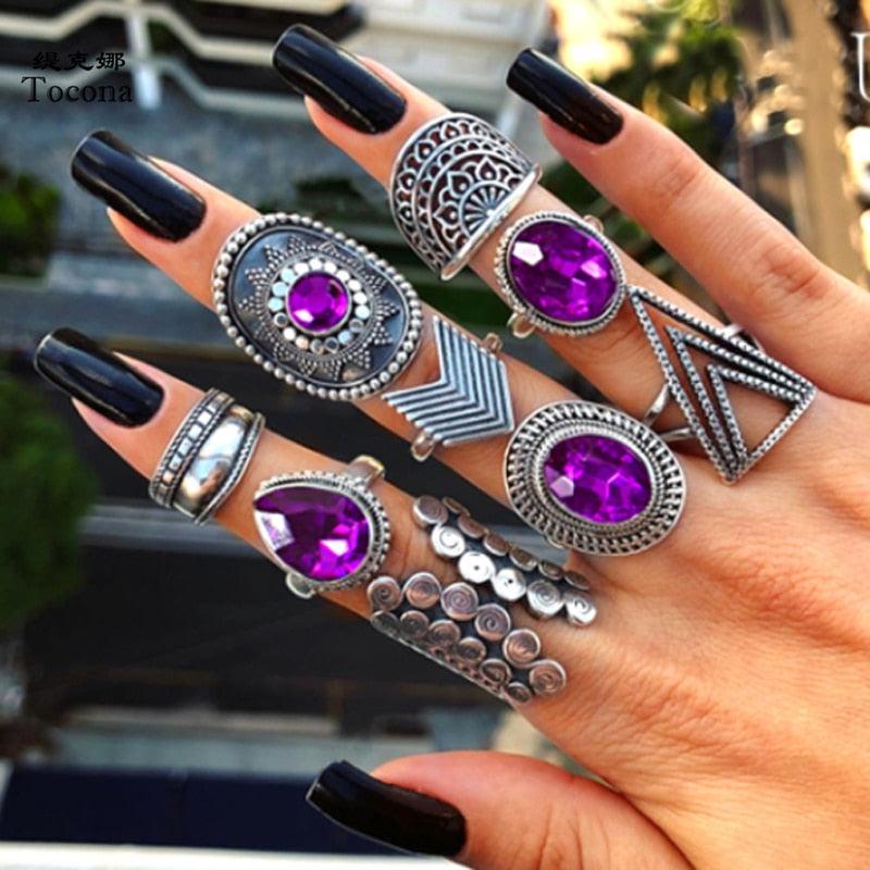 Purple Rhinestone Vintage Silver Rings - Kevous