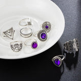 Purple Rhinestone Vintage Silver Rings - Kevous