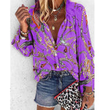 V-Neck Long Sleeve Print Blouse - Kevous