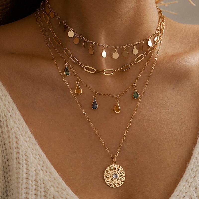 Boho Gold Sequins Mult-Layer Necklace - Kevous