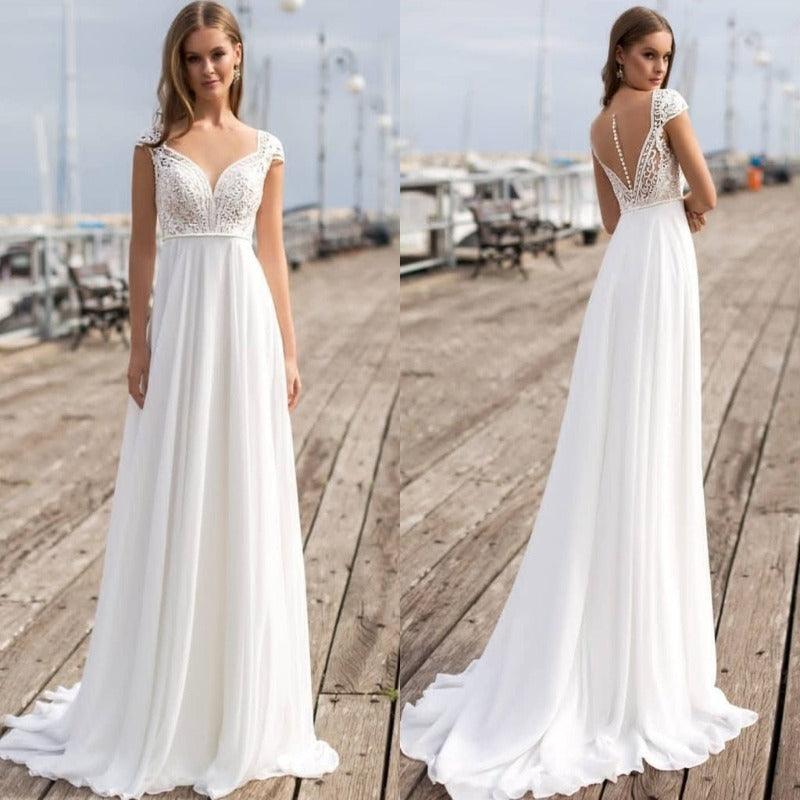 Short Sleeve Backless Wedding Dress - Kevous