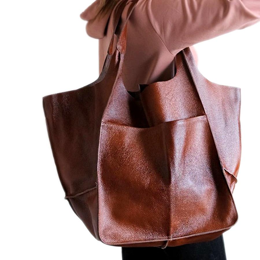 Casual Soft Large Leather Tote - Kevous