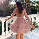 Sparkly Pink Homecoming Long Sleeve Dress - Kevous