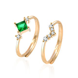 Sterling Silver Emerald-Green CZ & V-Shaped CZ Stacker Rings - Adjustable