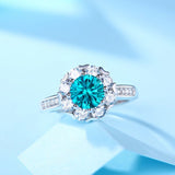 Sterling Silver Round Sky Blue Moissanite Flower Ring - Adjustable (w/ GRA Certificate)