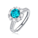 Sterling Silver Round Sky Blue Moissanite Flower Ring - Adjustable (w/ GRA Certificate)