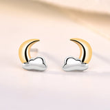 Sterling Silver Stud Earrings - Crescent Moon with Clouds