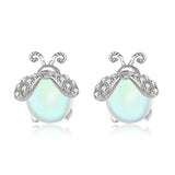 Sterling Silver Stud Earrings - Moonstone Ladybug w/ CZ Accents