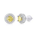 Sterling Silver Stud Earrings - Yellow Moissanite Halos (w/ GRA Certificate)